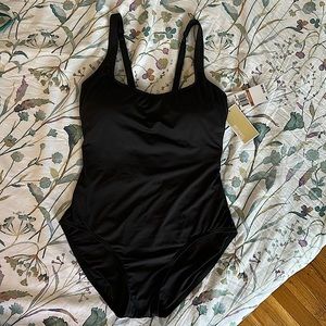 NWT MICHAEL Michael Kors Black Scoop Neck One Piece Swimsuit Lace Up Back 12
